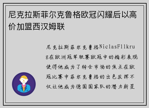 尼克拉斯菲尔克鲁格欧冠闪耀后以高价加盟西汉姆联 尼克拉斯菲尔克鲁格欧冠闪耀后以高价加盟西汉姆联
